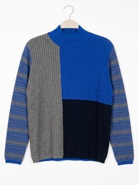 Edinburgh Knitwear Color block Cable Knit Blue and Gray 100% Pima Cotton Sweater
